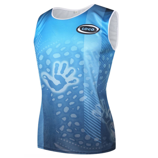 A sleeveless blue singlet vest featuring a handprint design and a logo on the front.