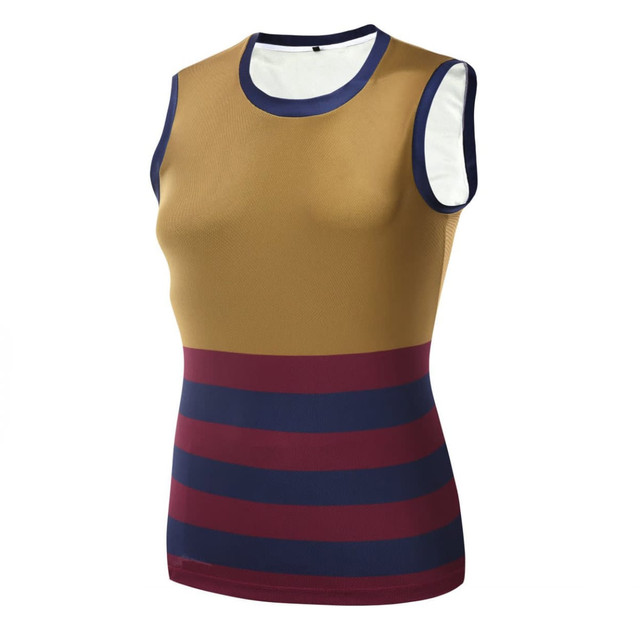 A sleeveless top in gold, maroon, and navy stripes, featuring a round neckline and a fitted design. Includes a logo.
