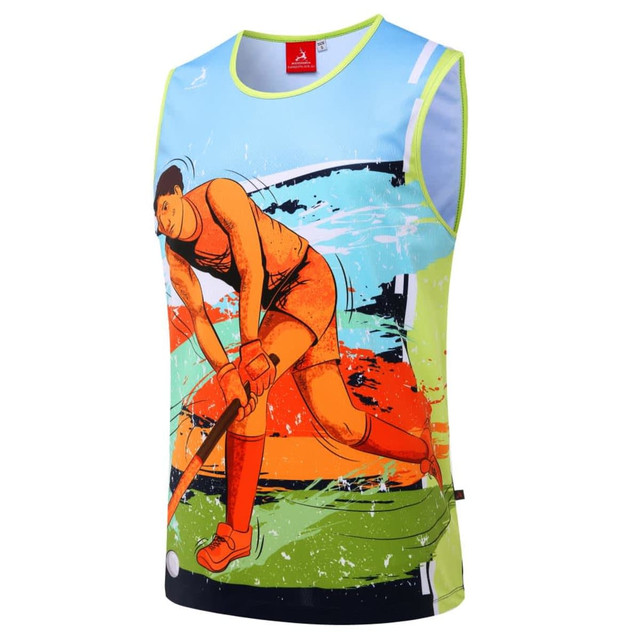 A sleeveless sports shirt featuring an orange and blue design with a field hockey illustration. It has a logo on the collar.