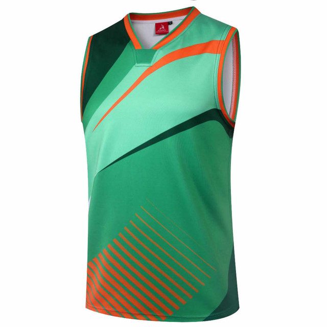 A sleeveless vest featuring green and orange patterns, with a logo on the upper section.