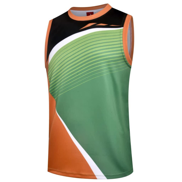 A sleeveless sports top featuring a vibrant design with green, orange, and black colours, and a logo.