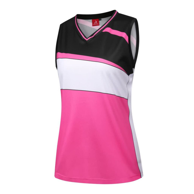 A sleeveless basketball vest featuring black, white, and vibrant pink panels, with a logo on the collar.