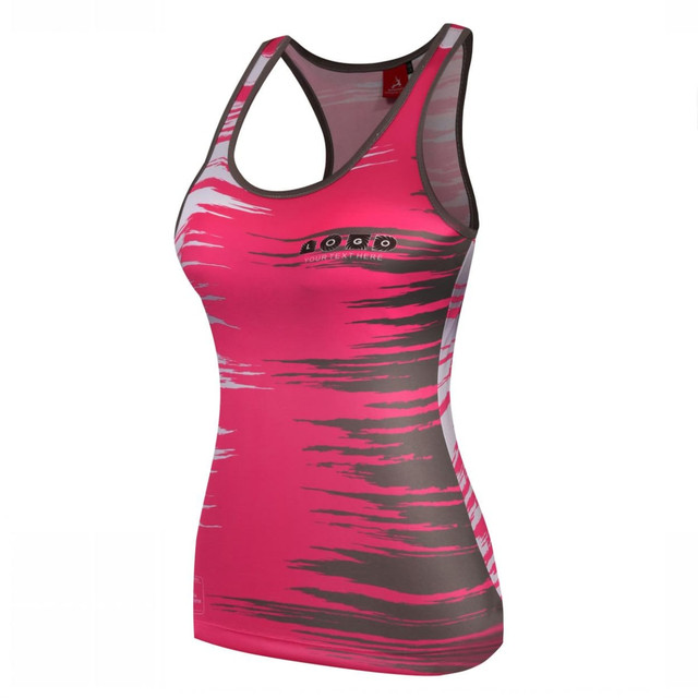A pink and grey racing singlet with a sleek design and a logo on the front.