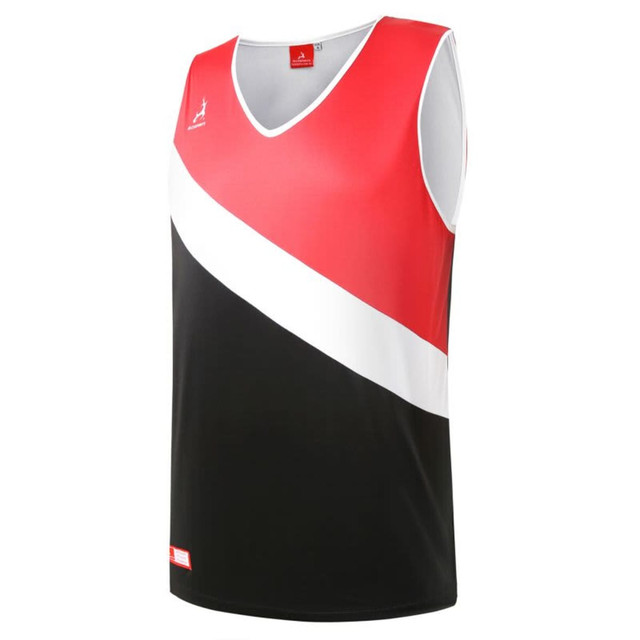 A sleeveless singlet featuring a red, white, and black design with a logo on the front.
