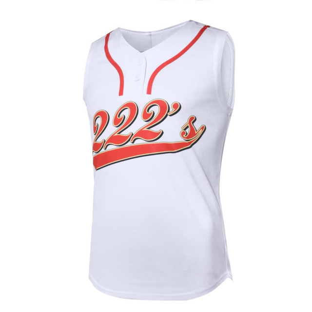 A sleeveless baseball singlet in white with red accents and a logo on the front.