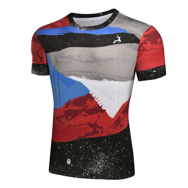 A multicoloured cotton tee featuring abstract patterns in red, blue, grey, and black, with a logo on the front.