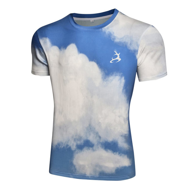 A fitted cotton tee in blue featuring a cloud design and a small logo on the chest.