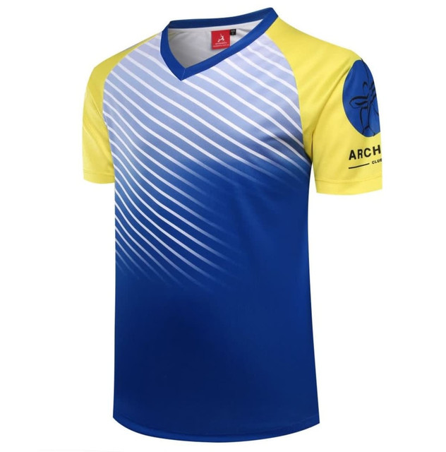 A blue and yellow archery team shirt featuring a gradient design and a logo on the sleeve.