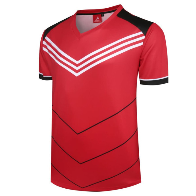 A red custom apparel shirt with white chevron stripes and black accents. Features a branding logo on the collar.