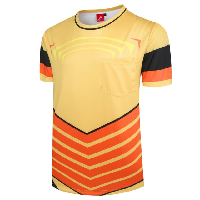 A yellow and orange T-shirt featuring a geometric design, short sleeves, and a small pocket. It has a logo on the neckline.