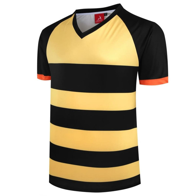 A custom design team t-shirt with black and yellow horizontal stripes, featuring black sleeves and orange accents.