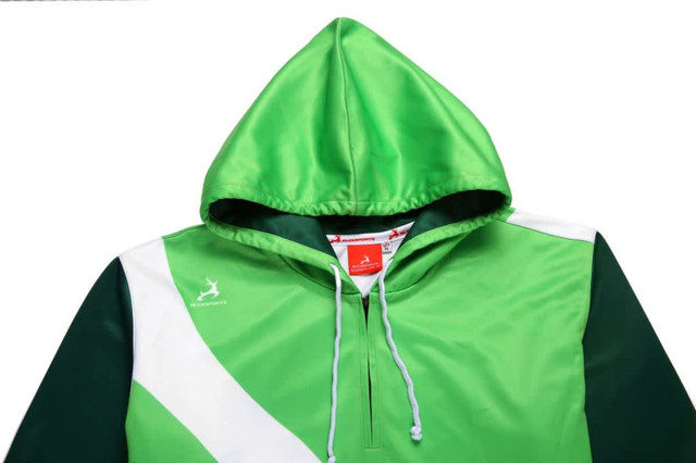 A custom athletic hoodie in vibrant green with a white design and a lined hood, featuring a logo.