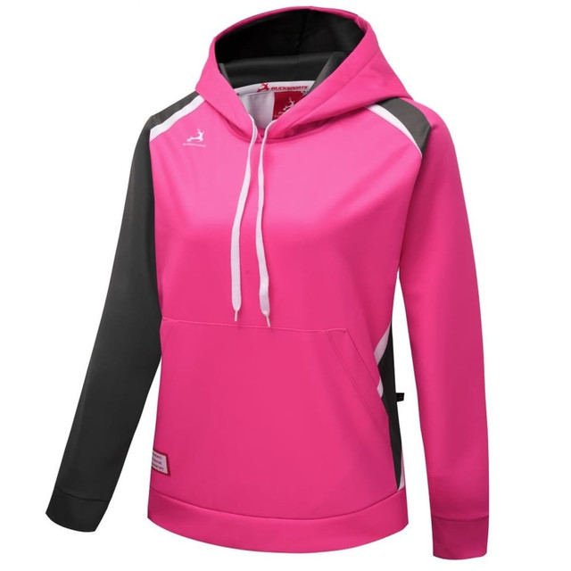 A pink and grey hoodie with a front pocket and a hood, featuring a logo on the upper left.