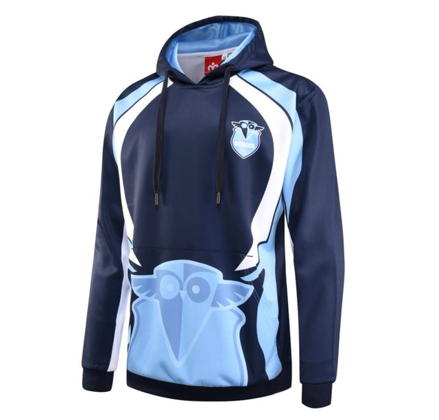 A navy and light blue hoodie with a logo on the chest and a drawstring hood.