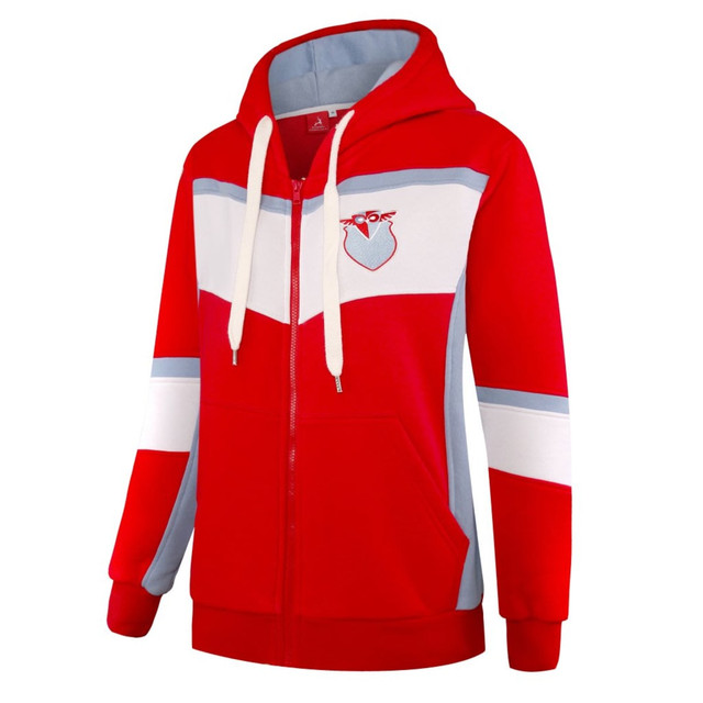 A red polar fleece hoodie featuring white and grey stripes and a front zip. It has a logo on the chest.