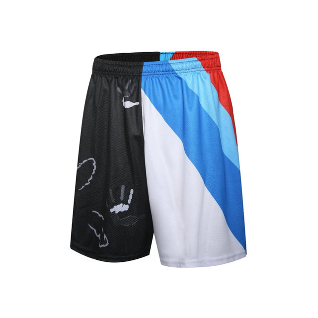 A pair of shorts featuring a colourful design with black, white, blue, and red sections, and a logo on the waistband.