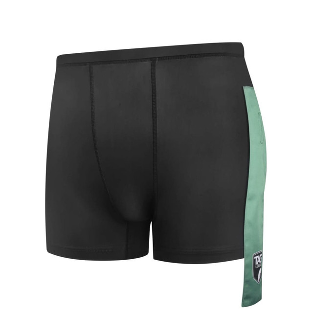 Black shorts with a green accent and a logo on the side. The design features a sleek, minimalist look.