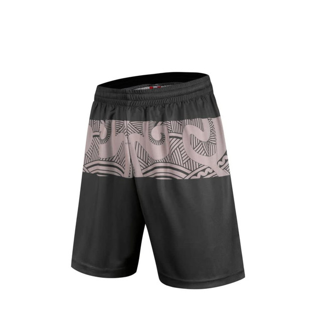 ABORIGINAL/INDIGENOUS SHORTS featuring a black design with a patterned grey waistband and logo.