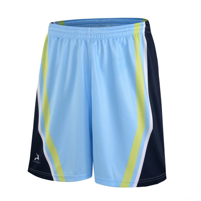 Light blue and navy soccer shorts with green and white stripes, featuring a logo on the lower left side.