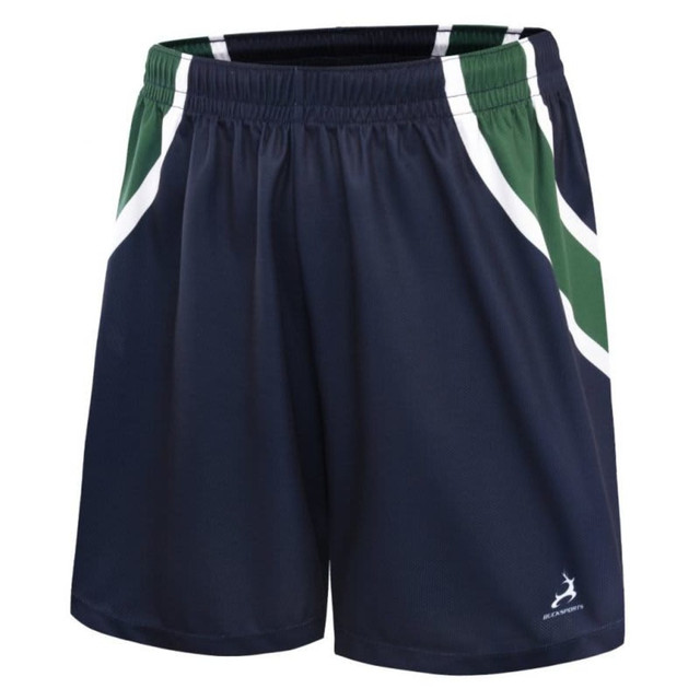 Athletic shorts in navy blue with green and white accents, featuring a logo on the front.