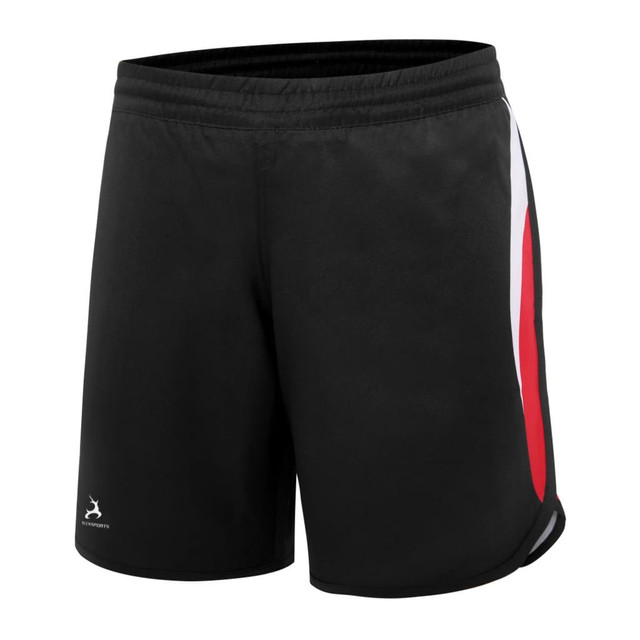 Woven long shorts in black with a red and white design, featuring an emblem on the lower leg.