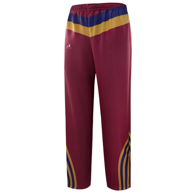Zipper bottom training pants in maroon with blue and gold accents, featuring an emblem or logo.