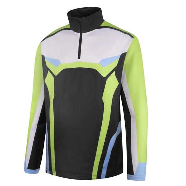 A thick pullover quarter zip in black, green, and blue with a high collar and a stylish design. It has a logo.