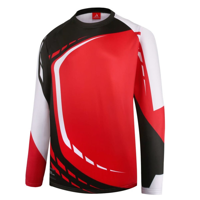 A long-sleeved pullover featuring a bold design in red, white, and black colours. It has a logo on the front.