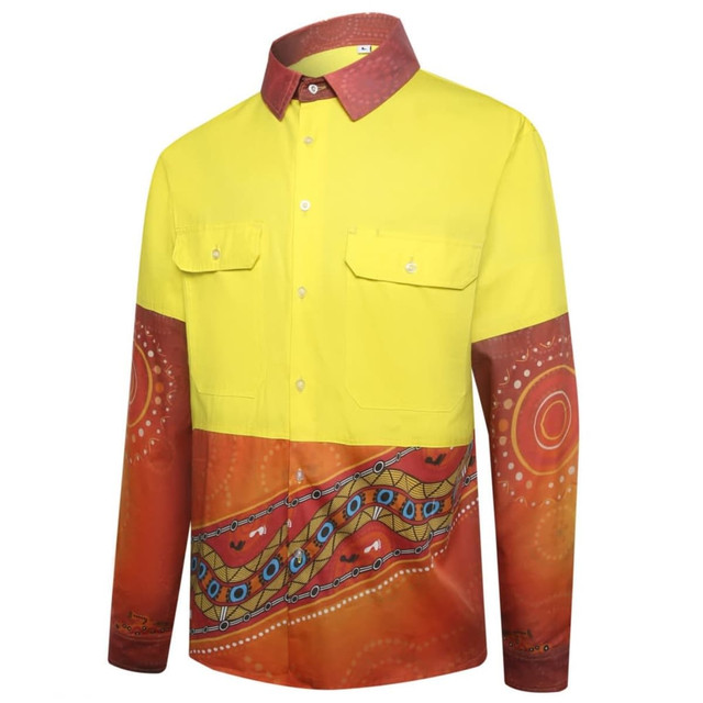 A hi-vis work shirt featuring a bright yellow top with a red patterned lower section and a logo on the sleeve.