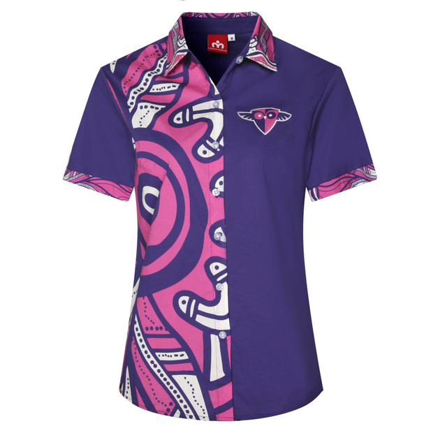 A purple short-sleeve shirt featuring a vibrant pink and patterned design, along with a logo.
