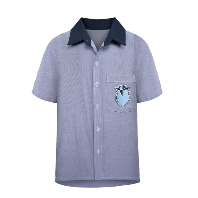 Custom school boys' shirt in blue and white with a navy collar and a pocket featuring a logo.