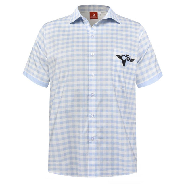 A light blue checked school wear shirt with a black logo on the pocket area.