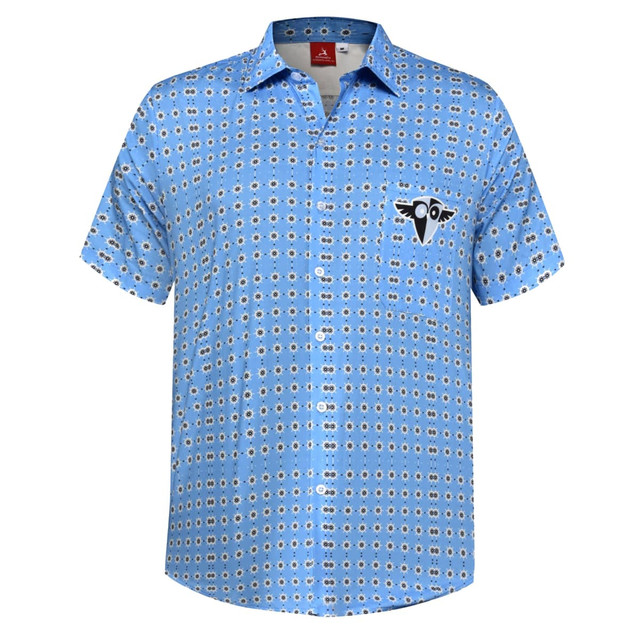 A blue checked shirt featuring a floral pattern and a logo on the chest pocket.