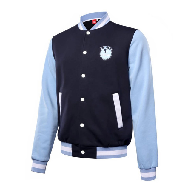 A collegiate jacket featuring a navy body, light blue sleeves, and a front logo. It has ribbed cuffs and hem.