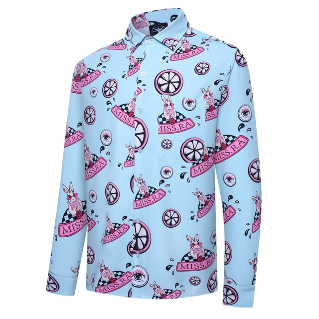 A light blue custom shirt featuring a whimsical pattern with bunnies and wheels, along with a logo.