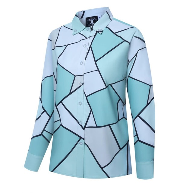A long-sleeve shirt featuring a light blue and white geometric pattern with black outlines and a collar.