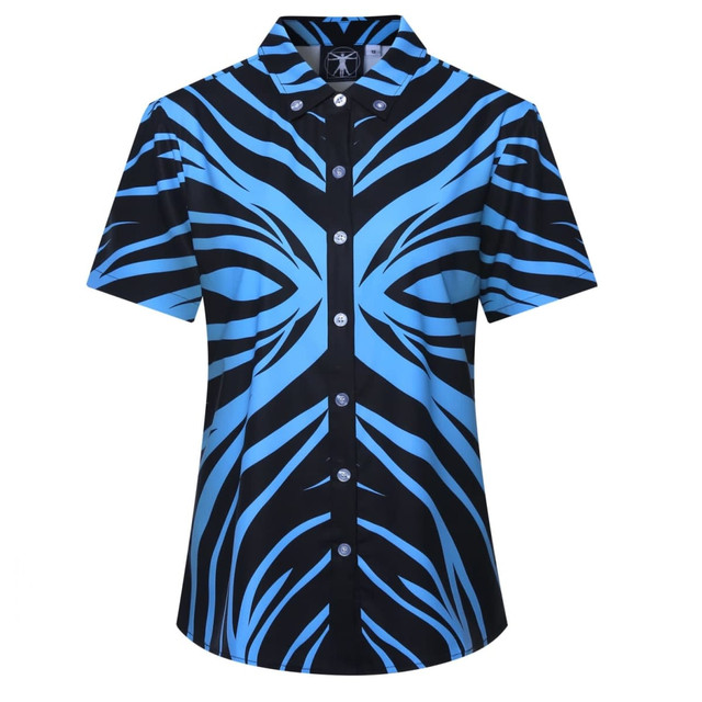 A short-sleeved shirt featuring a blue and black zebra stripe pattern, with a button-up front and a collar.