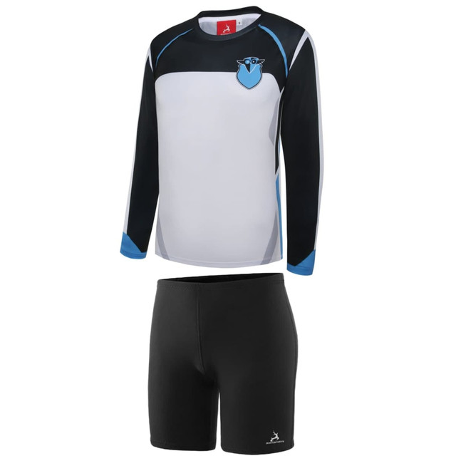 A swimming instructor uniform in white and black with blue accents, featuring a logo. Includes a long-sleeved top and black shorts.