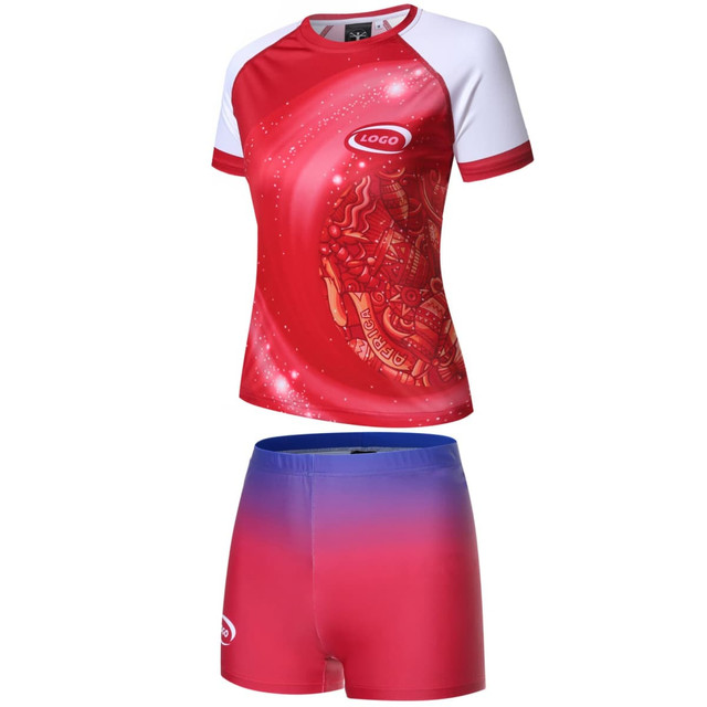 A red and white women's swimming suit featuring a decorative design, including a logo, with matching red and gradient shorts.