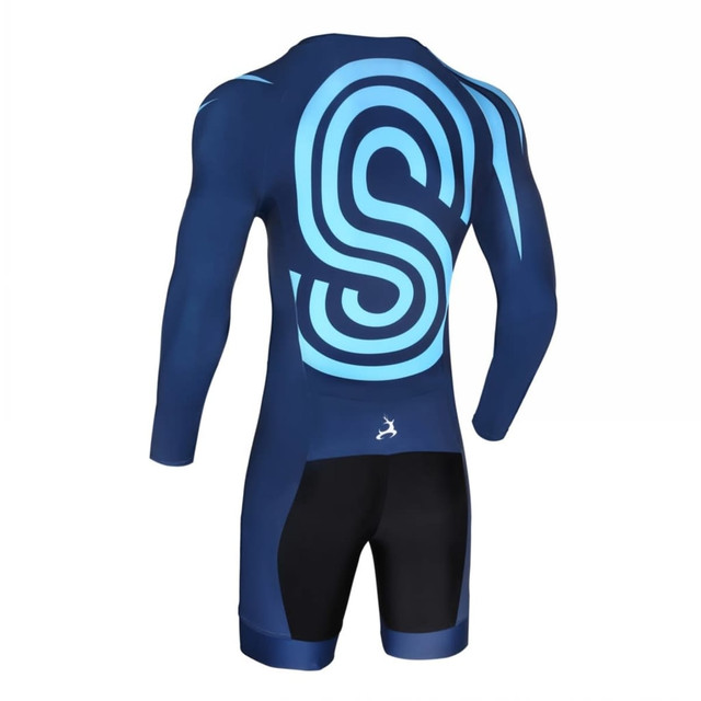 A fitted inline speed skating suit in navy and blue, featuring a logo on the back and long sleeves.