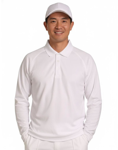 A long-sleeved white cricket polo shirt displayed on a smiling man wearing a matching white cap.