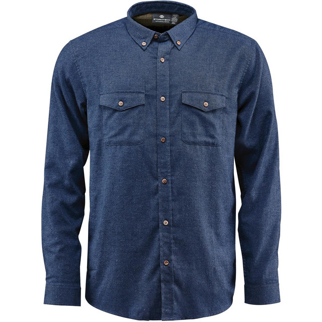A navy long-sleeve button-up shirt with two chest pockets and a logo on the collar.
