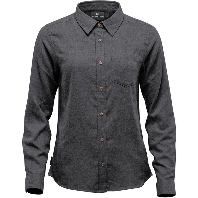 A women's button-up shirt in charcoal grey featuring long sleeves and a chest pocket, with a branded label.