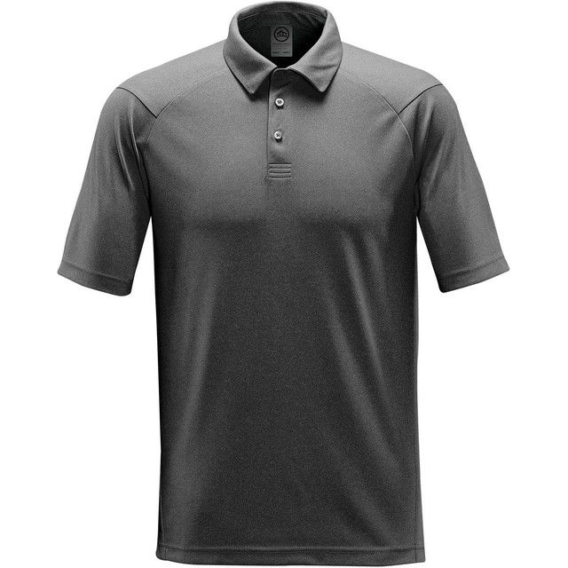 A men's heathered polo shirt in grey with a collar and short sleeves, featuring a logo on the chest.