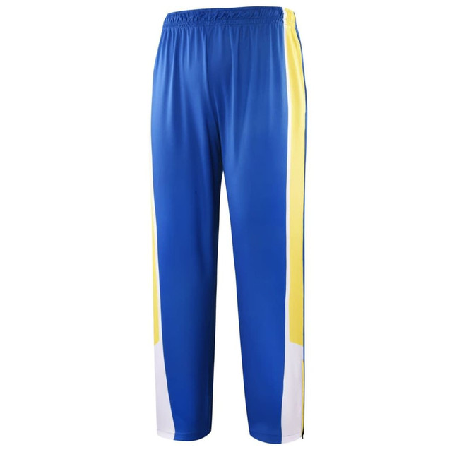 A pair of blue pants with yellow and white side stripes. The fabric appears lightweight and sporty.