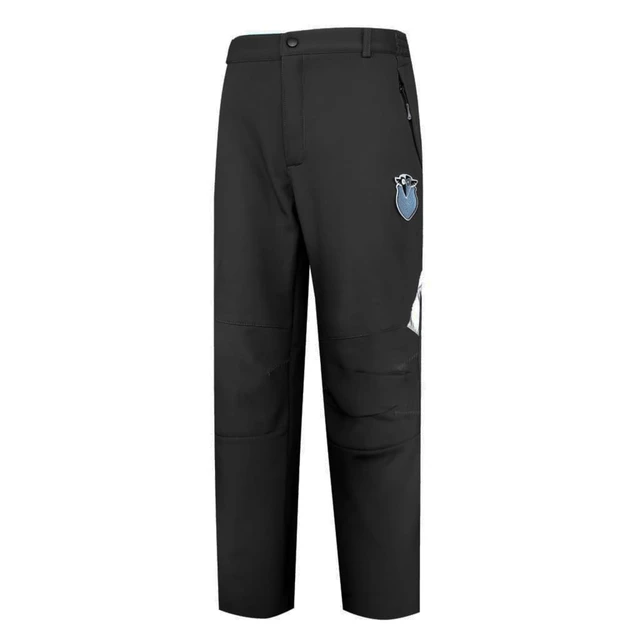 Black softshell pants with a side pocket and a logo on the upper leg.