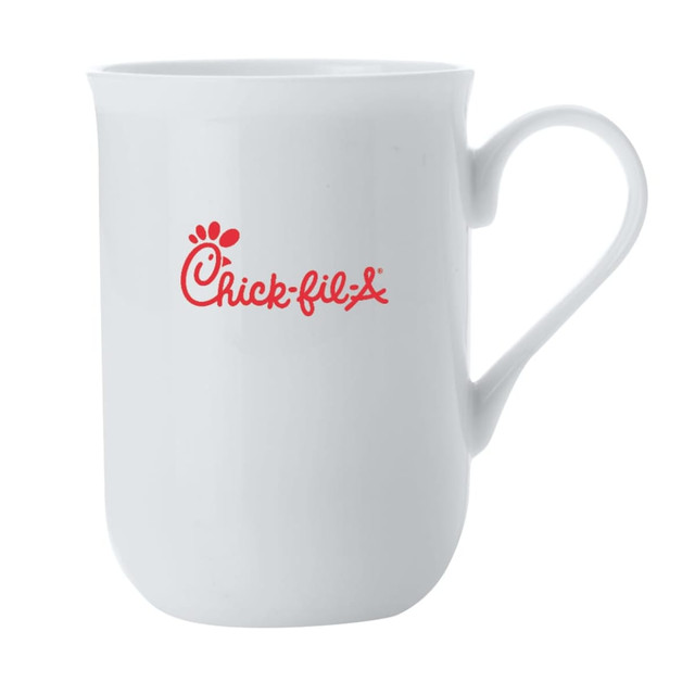 A white bone china mug with a curved handle and a logo on one side.