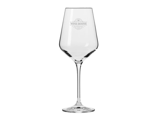 A clear wine glass with a slender stem, featuring a subtle logo engraving.