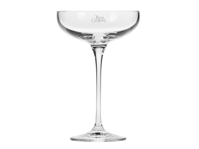A champagne coupe glass in clear glass with a tall stem and a flared bowl, featuring a logo on the side.