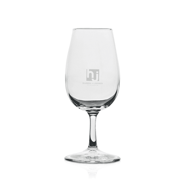 A glass wine taster in clear glass with a stem, featuring a logo on the body.